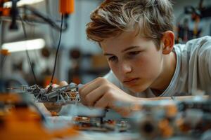 A young boy is working on a robot photo