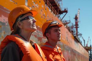 Two people in orange safety gear standing next to a ship photo