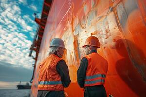 Two men in hard hats standing on the side of a ship photo