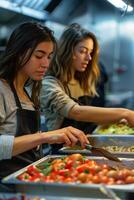 Two women in aprons preparing food in a kitchen photo