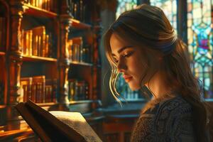 A beautiful woman reading a book in front of a library photo