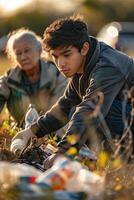 A young man and an older woman are working together photo