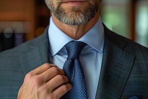 A man in a suit adjusting his tie photo