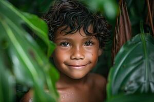 A young boy smiles in the jungle photo