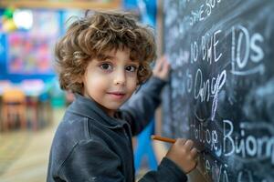 A young boy writing on a blackboard photo