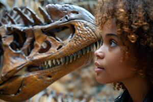 A young girl looking at a dinosaur skeleton photo