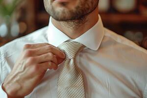 A man adjusting his tie photo