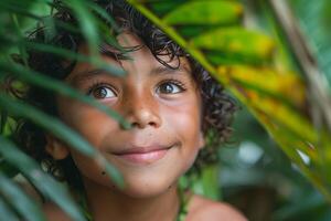 A young boy smiles through the leaves of a tropical plant photo