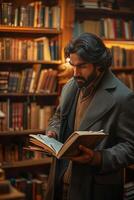A man with long hair and beard reading a book in a library photo
