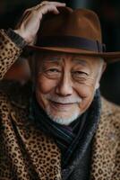 An older man wearing a hat and coat photo