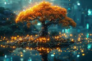 An orange tree with glowing lights on it photo