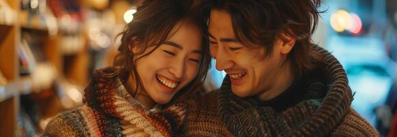 A couple is smiling and looking at each other photo