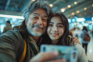 A man and woman taking a selfie at an airport photo