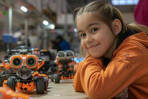A young girl smiles while posing with her robot photo