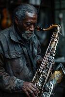 A man playing a saxophone photo