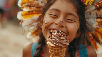 A young girl with a headdress eating an ice cream cone photo