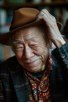 An old man wearing a hat and smiling photo