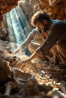Two men are looking at a skeleton in a cave photo