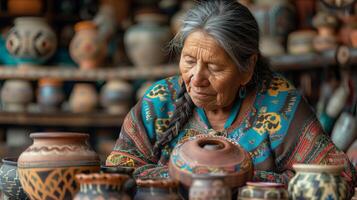 An older woman is sitting at a table with many pots photo