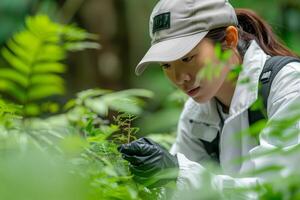 A woman in a white coat and hat is looking at plants photo