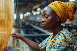 A woman in a yellow headscarf is working on a loom photo