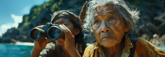 An elderly woman looks through binoculars while standing next to a man photo