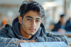 A young man is sitting at a table with a blue blueprint photo