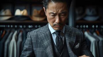 A man in a suit looking at his watch photo