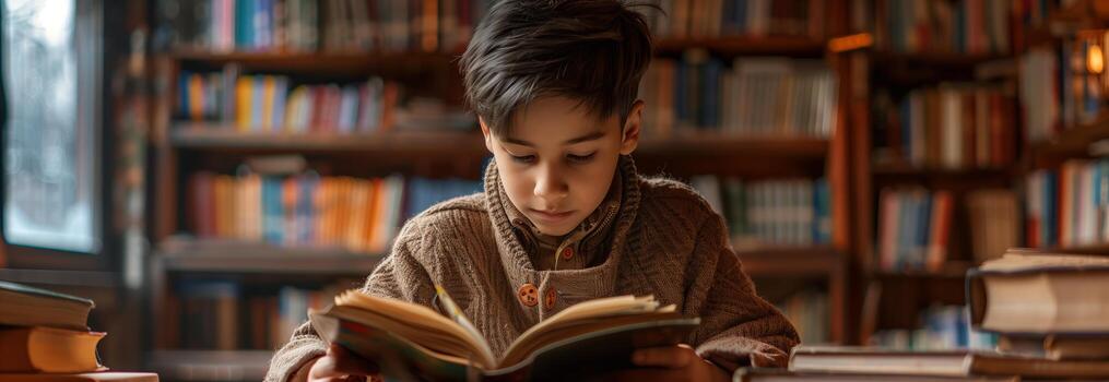 A young boy is reading a book in a library photo