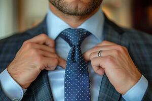 A man in a suit and tie adjusting his tie photo