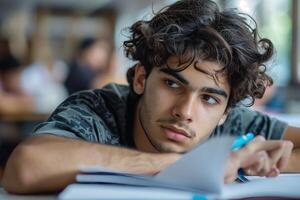 A young man with curly hair is looking at something photo