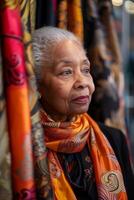 An older woman wearing a colorful scarf photo