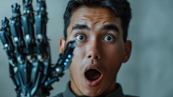 A man with a robot hand and a surprised look photo