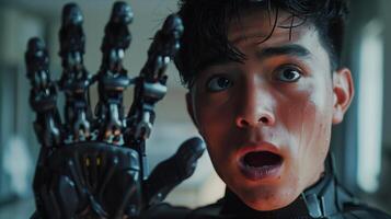 A young man with a robot hand and a shocked expression photo