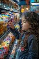 A young girl looking at a display of candy photo