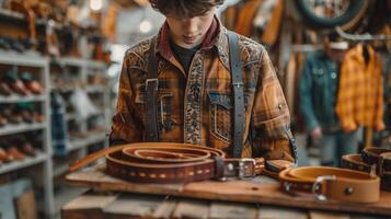 A man is standing in a leather shop photo