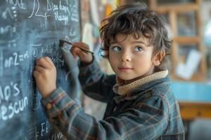 A young boy writing on a blackboard photo