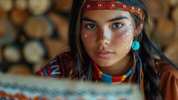 A woman with a native american headdress and makeup photo