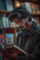 A man is reading a book in a library photo