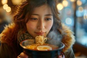 A woman eating noodles in a bowl photo