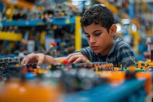 A young boy working on a lego machine photo