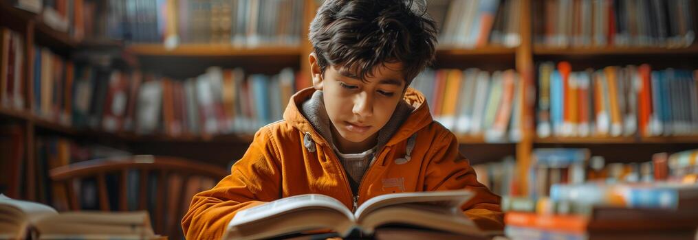 A young boy is reading a book in a library photo