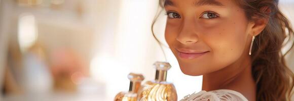 A young woman is holding a bottle of perfume photo