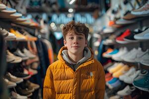 A boy in a store with many shoes photo