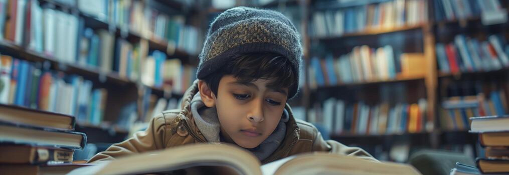 A young boy is reading a book in a library photo