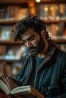 A man with a beard reading a book in a library photo