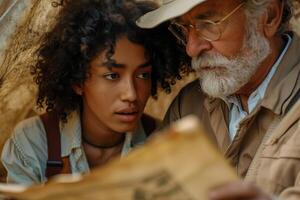 An older man and a young girl looking at a map photo