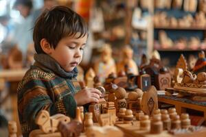 A young boy is playing with wooden toys photo