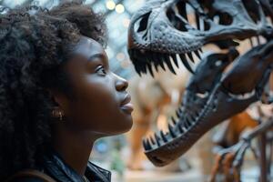 A young woman looking at a t-rex skeleton in a museum photo
