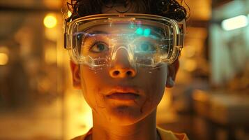 A young boy wearing goggles and looking up photo